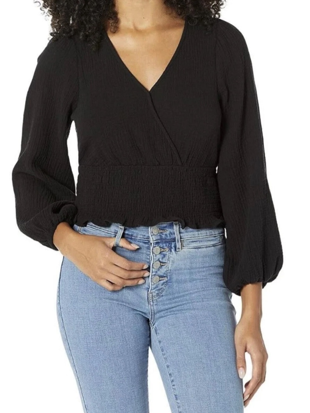 Madewell Black Textured V-Neck Long Sleeve Blouse Top Plus Size 1x